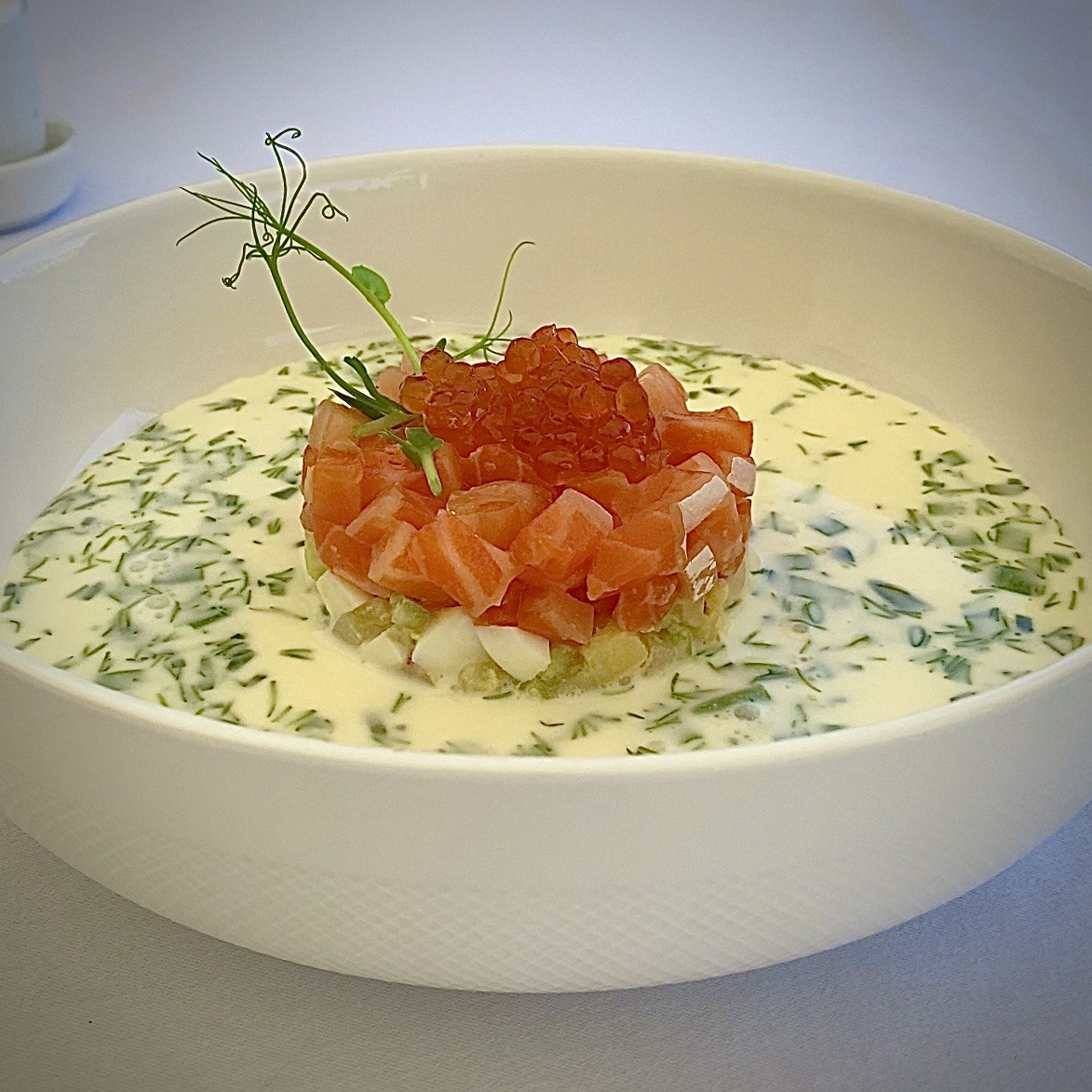 Okroshka with salmon and red caviare