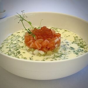 Okroshka with salmon and red caviare