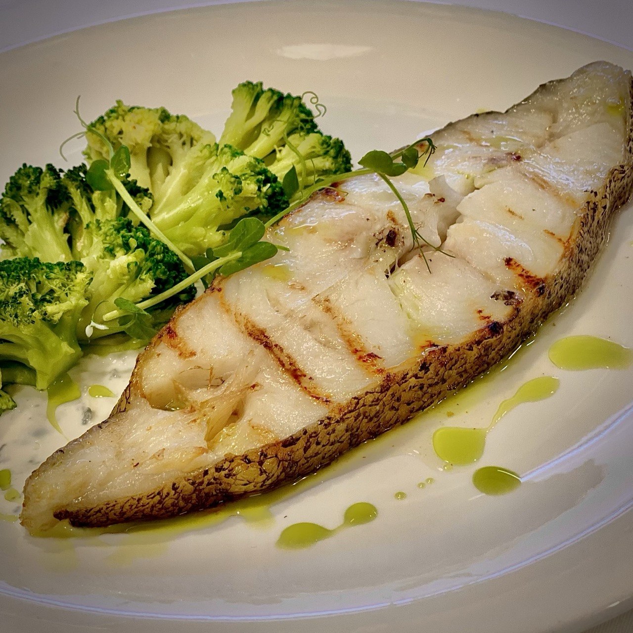 Greenland halibut with broccoli and dorblu sauce